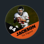 Custom photo sports button / pin football<br><div class="desc">Support your child's athletic endeavors with this custom sports pin. Great for senior nights! Available in a variety of sizes. Lots of options to customize.</div>