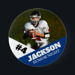 Custom photo sports button / pin football<br><div class="desc">Support your child's athletic endeavors with this custom sports pin. Great for senior nights! Available in a variety of sizes. Lots of options to customize.</div>