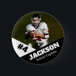 Custom photo sports button / pin football<br><div class="desc">Support your child's athletic endeavors with this custom sports pin. Great for senior nights! Available in a variety of sizes. Lots of options to customize.</div>