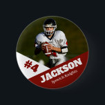 Custom photo sports button / pin football<br><div class="desc">Support your child's athletic endeavors with this custom sports pin. Great for senior nights! Available in a variety of sizes. Lots of options to customize.</div>