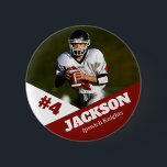 Custom photo sports button / pin football<br><div class="desc">Support your child's athletic endeavors with this custom sports pin. Great for senior nights! Available in a variety of sizes. Lots of options to customize.</div>