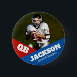 Custom photo sports button / pin football<br><div class="desc">Support your child's athletic endeavors with this custom sports pin. Great for senior nights! Available in a variety of sizes. Lots of options to customize.</div>