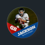 Custom photo sports button / pin football<br><div class="desc">Support your child's athletic endeavors with this custom sports pin. Great for senior nights! Available in a variety of sizes. Lots of options to customize.</div>