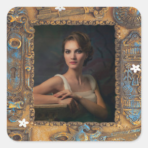 Custom Photo Steampunk Antique Skeleton Key Frame Square Sticker