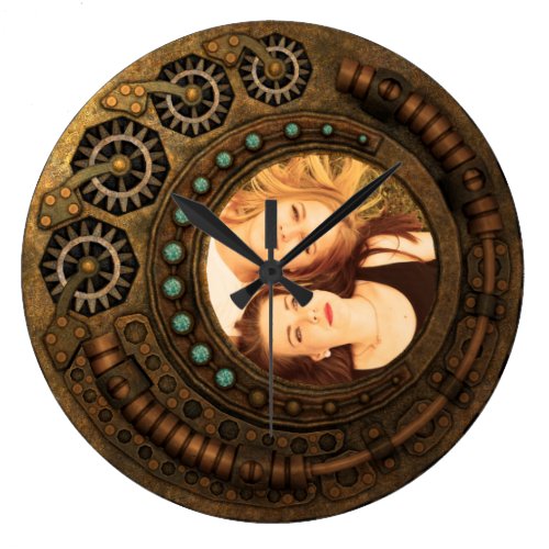 Custom Photo Steampunk Clock Time Metal Gears - Decorative steampunk style metal clock with gears. Customize this design easily by adding your own custom image or photo.