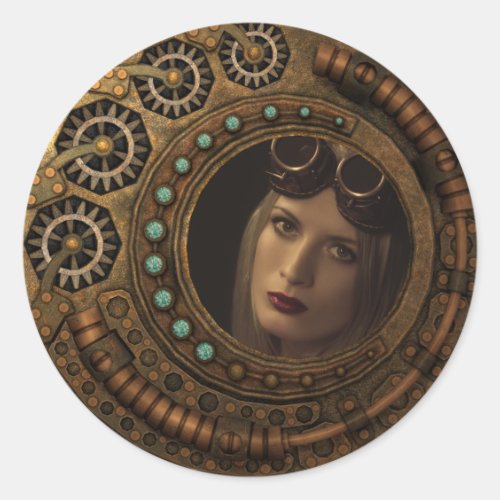 Custom Photo Steampunk Clock Time Metal Gears Classic Round Sticker - Decorative steampunk style metal clock with gears. Customize this design easily by adding your own custom image or photo.