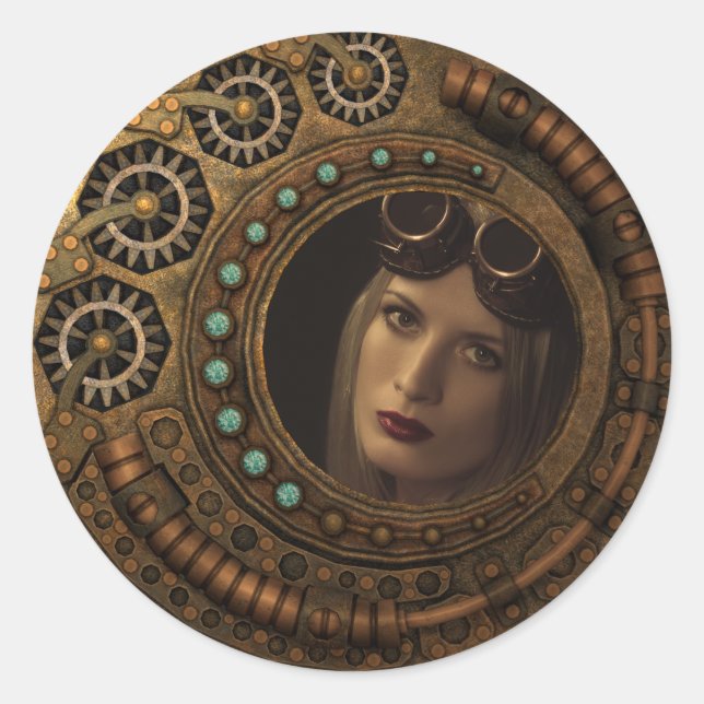 Custom Photo Steampunk Clock Time Metal Gears Classic Round Sticker (Front)