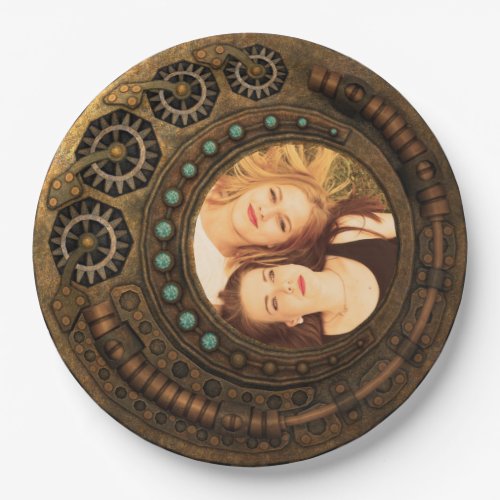 Custom Photo Steampunk Clock Time Metal Gears Paper Plates - Decorative steampunk style metal clock with gears. Customize this design easily by adding your own custom image or photo.