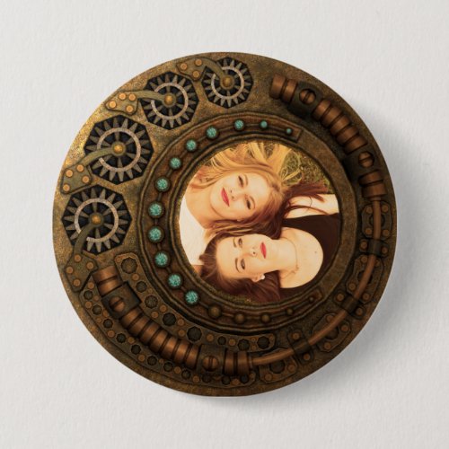 Custom Photo Steampunk Metal Gears Button - Decorative steampunk style metal clock with gears. Customize this design easily by adding your own custom image or photo.