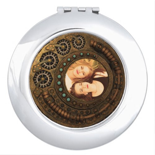 Custom Photo Steampunk Metal Gears Compact Mirror - Decorative steampunk style metal clock with gears. Customize this design easily by adding your own custom image or photo.