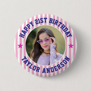 Custom Photo Stripe Pattern Happy Birthday Button