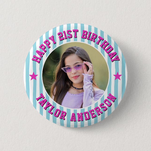 Custom Photo Stripe Pattern Happy Birthday Button (Front)