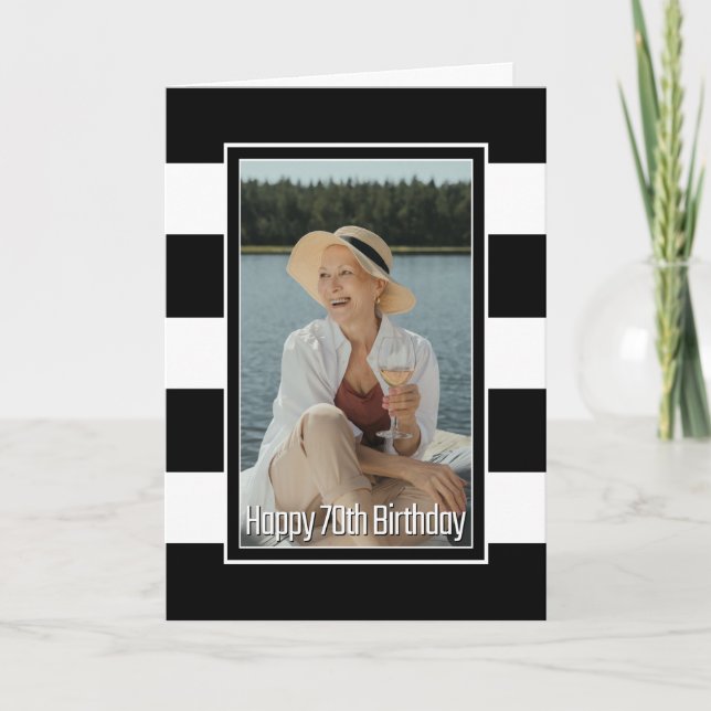 Custom Photo Striped 70th Birthday Card (Front)