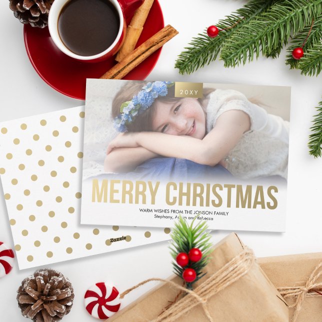 Custom Photo Stylish Gold Bold Merry Christmas Holiday Card (Creator Uploaded)