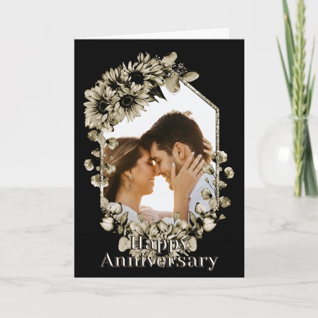 Custom Photo Sunflower Floral Black Anniversary Card (Front)