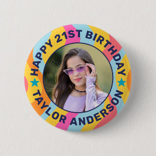 Custom Photo Swirl Pattern Groovy Happy Birthday Button