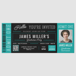 Custom Photo Teal Black Graduation Invite Tickets