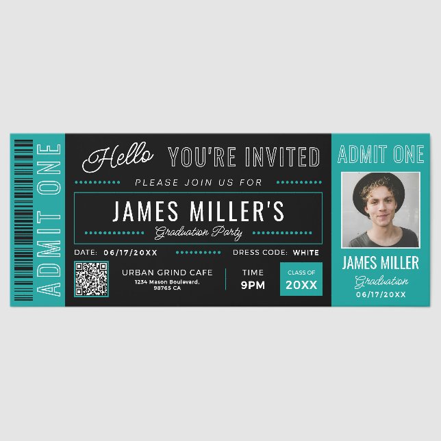 Custom Photo Teal Black Graduation Invite Tickets (Front)