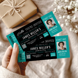 Custom Photo Teal Black Graduation Invite Tickets