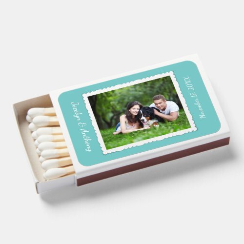 Custom Photo Teal Blue and White Wedding Matchboxes