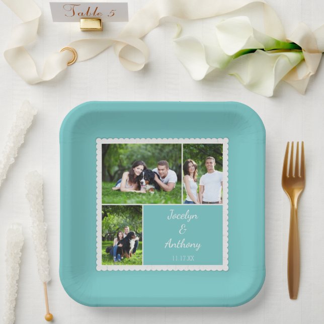 Custom Photo Teal Blue and White Wedding Paper Plates (Wedding)