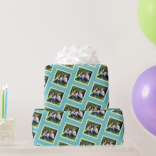 Custom Photo Teal Blue and White Wrapping Paper