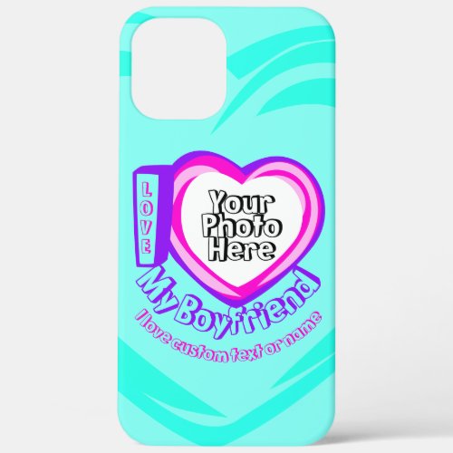 Custom Photo Teal Neon Heart I love My Boyfriend iPhone 12 Pro Max Case