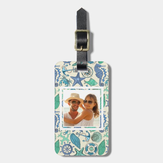 Custom Photo Teal Sea Animals Pattern Luggage Tag (Front Vertical)