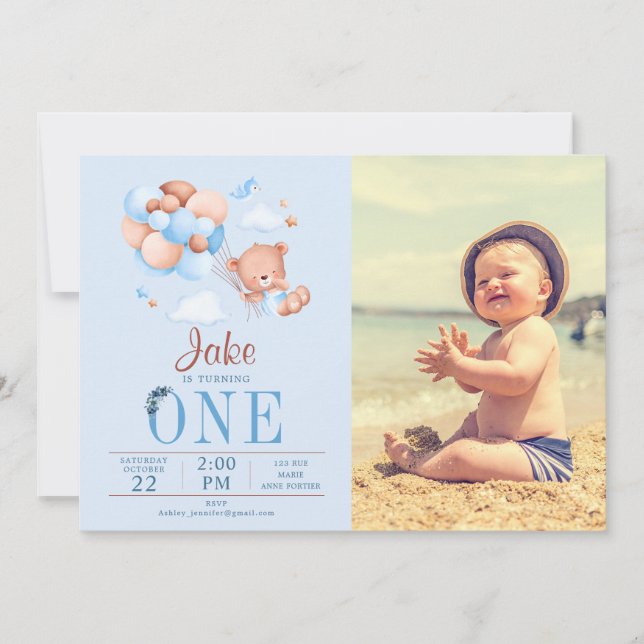 Custom Photo Teddy Bear And Balloon Birthday Invitation (Front)