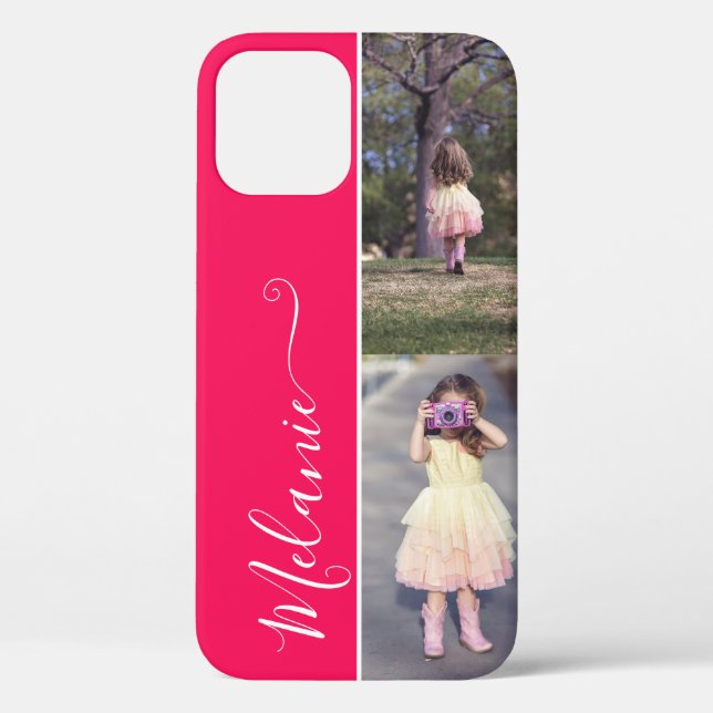 Custom Photo Template 2 Vertical Photos Name Pink Case-Mate iPhone Case (Back)