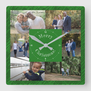 Custom Photo Template 6 Family Photos Dark Green Square Wall Clock