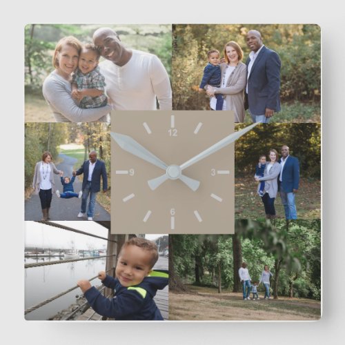 Custom Photo Template 6 Photos Family Beige Cream Square Wall Clock