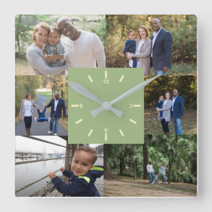 Custom Photo Template 6 Photos Family Light Green Square Wall Clock