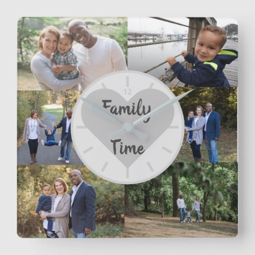 Custom Photo Template 6 Photos Family Time Gray Sq Square Wall Clock