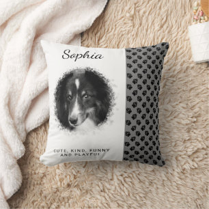 Custom Photo Template & Black Paws On Gray & Text Throw Pillow