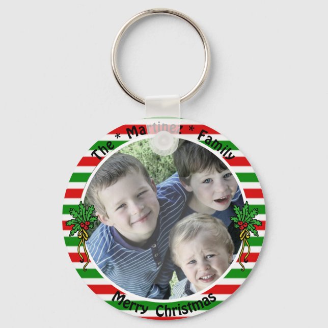 Custom Photo Template Red Green Stripes Mistletoe Keychain (Front)