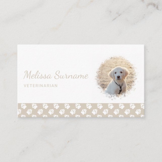 Custom Photo Template With White Paws On Beige Bus Business Card (Front)