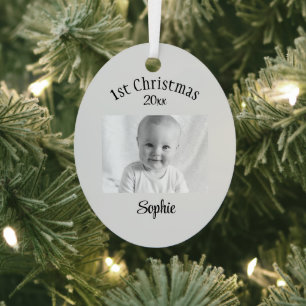 Custom Photo & Text Baby 1st Christmas Oval Metal Ornament