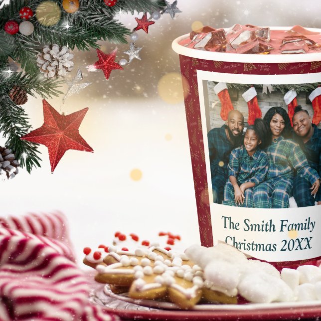 Custom Photo & Text Christmas Tree & Greetings Red Paper Cups (Custom Photo Christmas & New Years Party Cups in Red with modern lineart christmas trees)