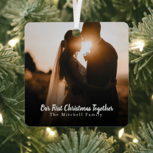 Custom Photo Text Couples First Christmas Together Metal Ornament