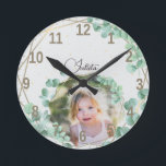 Custom Photo   Text | Elegant Geometric Greenery Round Clock<br><div class="desc">Custom Photo and Calligraphy Text Elegant Geometric Greenery frame Round Clock</div>