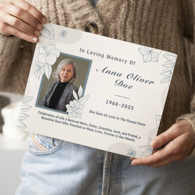 Custom Photo Text Floral Line Art Memorial Funeral Guest Book (CELEBRATING THE LIFE OF )