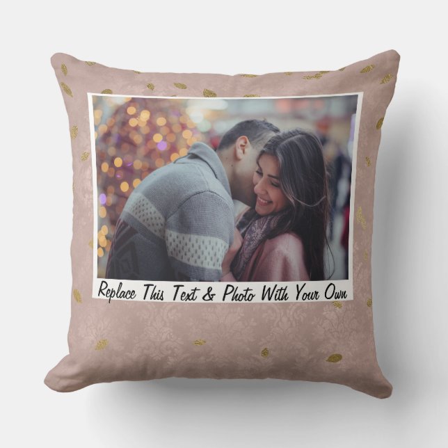 Custom / Photo & Text Glam Rose Gold Leaves Throw Pillow (Front)