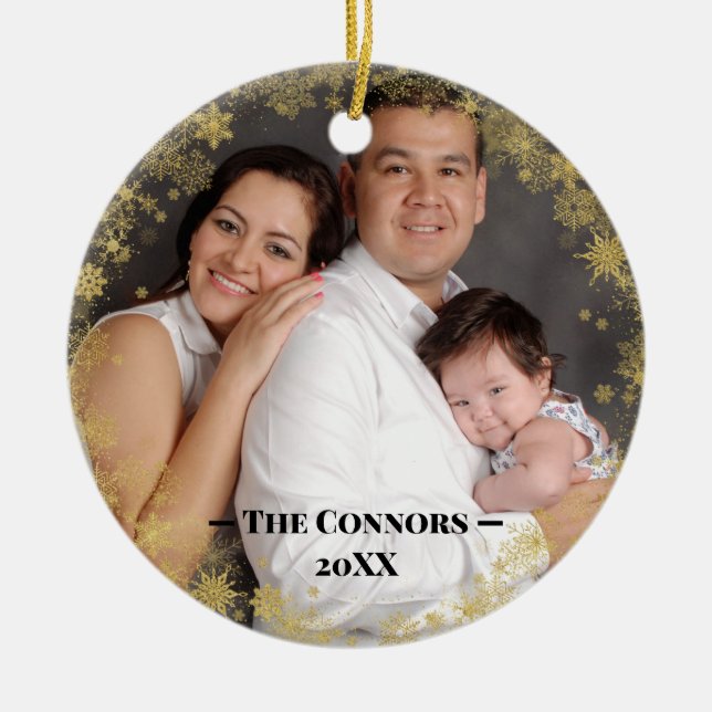 Custom Photo Text Gold Snowflake Frame Ceramic Ornament (Front)