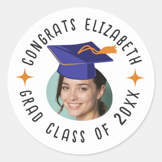 Custom Photo Text Graduation Cap Celebration Classic Round Sticker (Front)