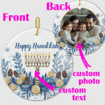 Custom photo & text Hanukkah Festival of Lights Ceramic Ornament<br><div class="desc">Introducing the Personalized Hanukkah Menorah Ornament! This round ceramic ornament is perfect for adding a festive touch to your Hanukkah celebrations. The front features a beautifully illustrated menorah with lit candles, surrounded by blue and white foliage, dreidels, and Stars of David. The text “Happy Hanukkah” is prominently displayed at the...</div>