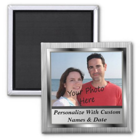 Custom Photo & Text On Classy Silver Framed Magnet