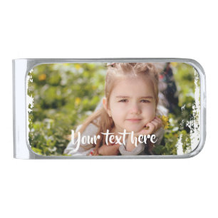 Custom Photo Text Pink White Paint Streaks Borders Silver Finish Money Clip