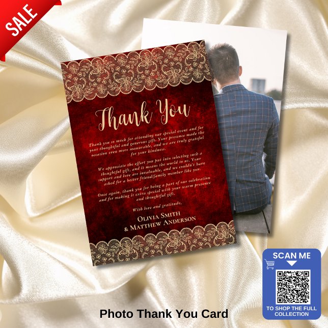 Custom Photo Thank You Red Gold Rustic Lace Card (Creator Uploaded)