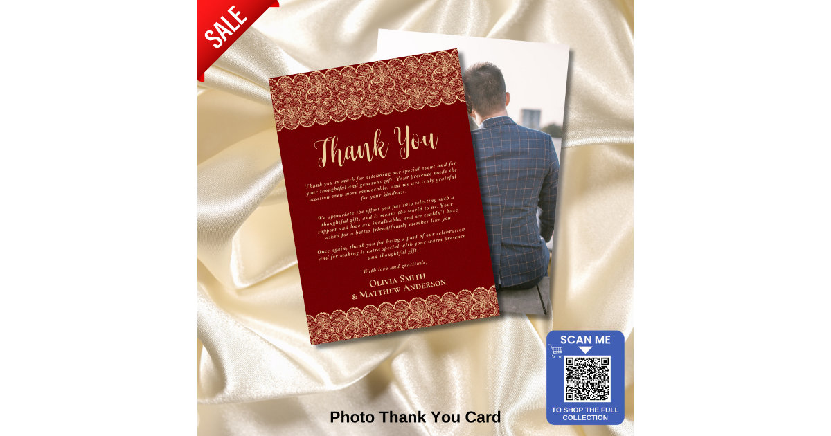 Custom Photo Thank You Rustic Red Gold Lace | Zazzle